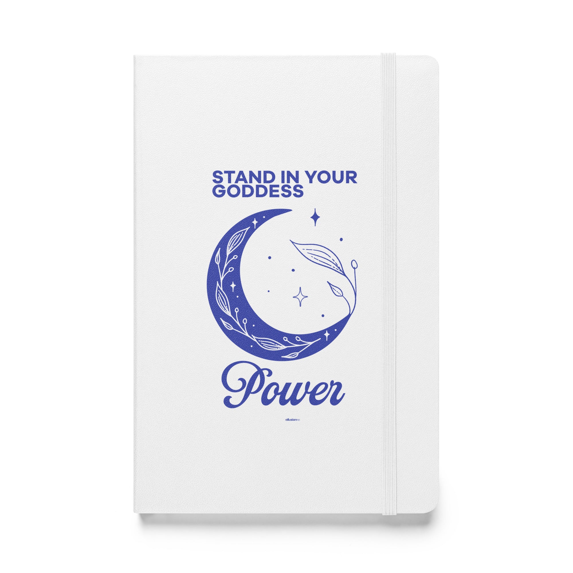 Elegant white hardcover notebook with "Stand in Your Goddess Power" crescent moon design, perfect for journaling.