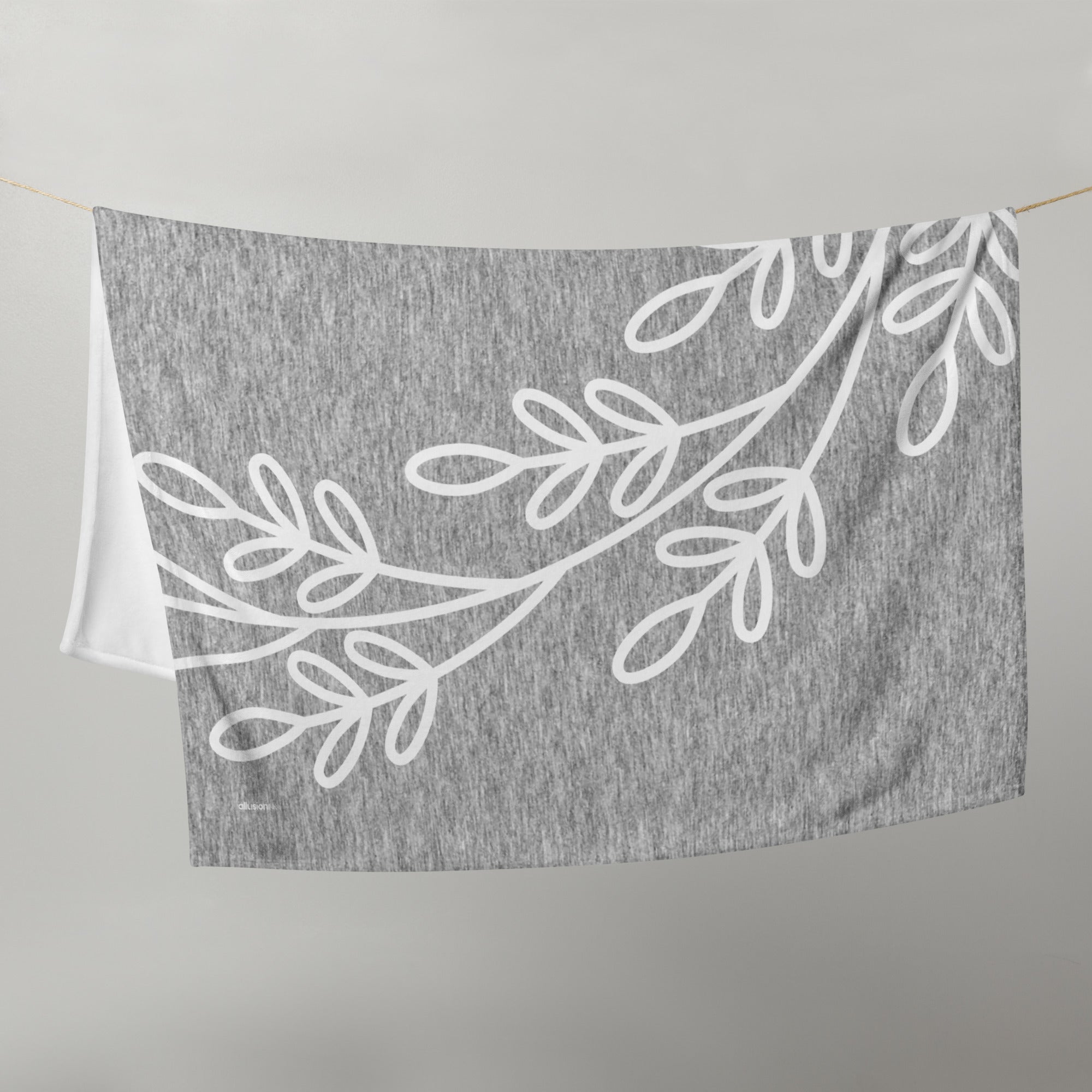 Gray Heather Leaf Throw Blanket displayed flat showing botanical pattern.