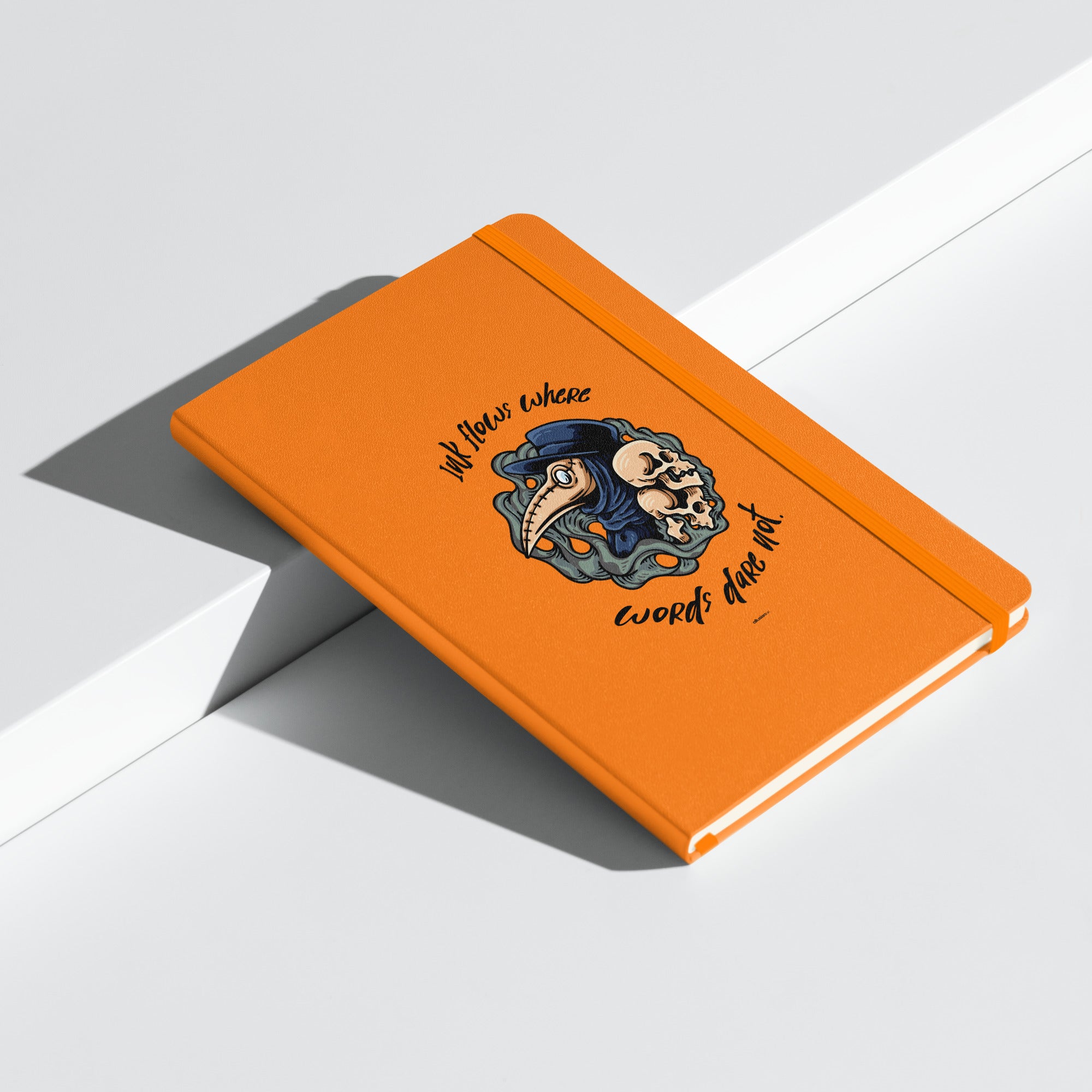 Front cover of the 'Ink Flows Where Words Dare Not' Hardcover JournalBook® in bright orange, featuring a gothic plague doctor design for bold aesthetics.