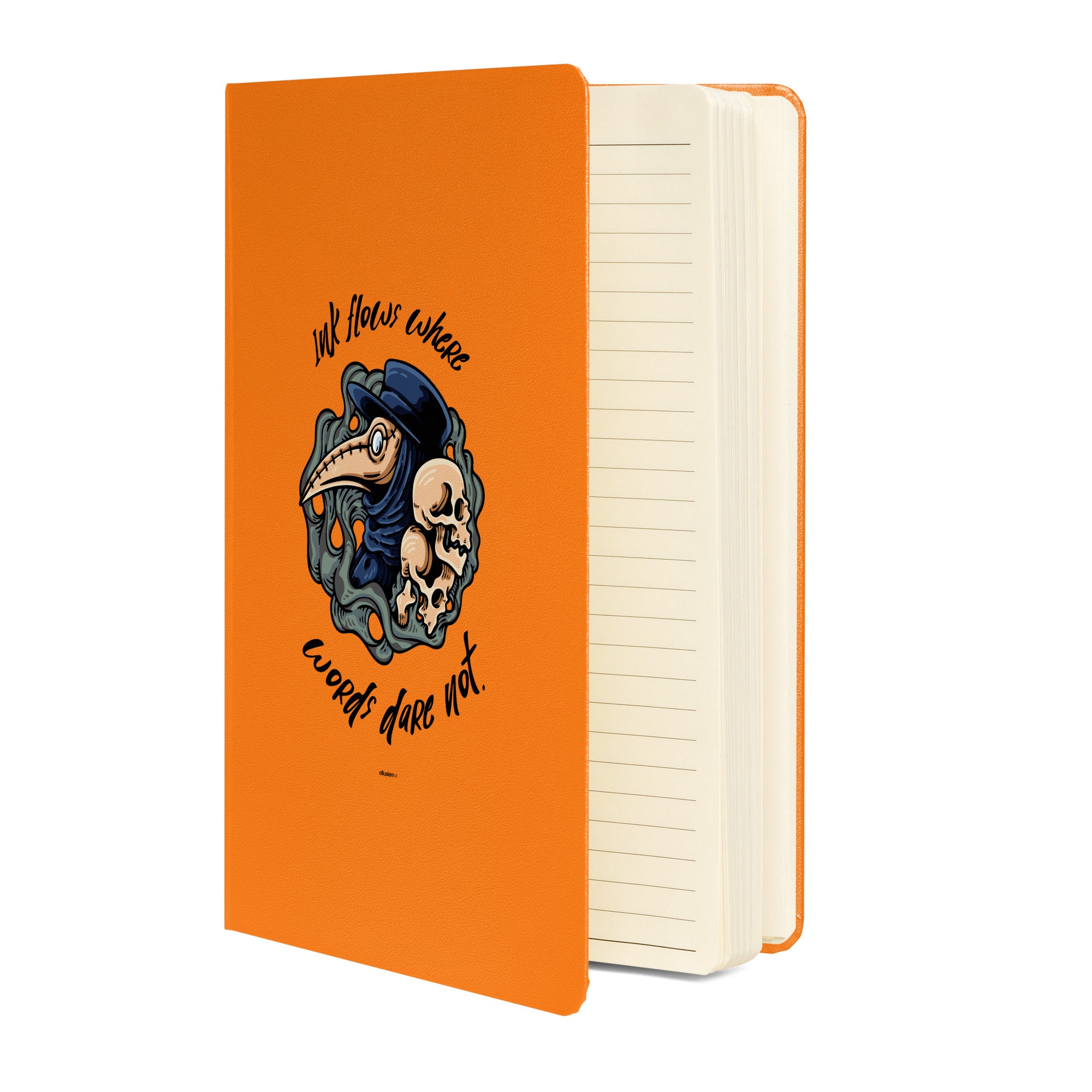 Side profile of the 'Ink Flows Where Words Dare Not' Hardcover JournalBook® in orange, highlighting durable UltraHyde material and high-quality binding.