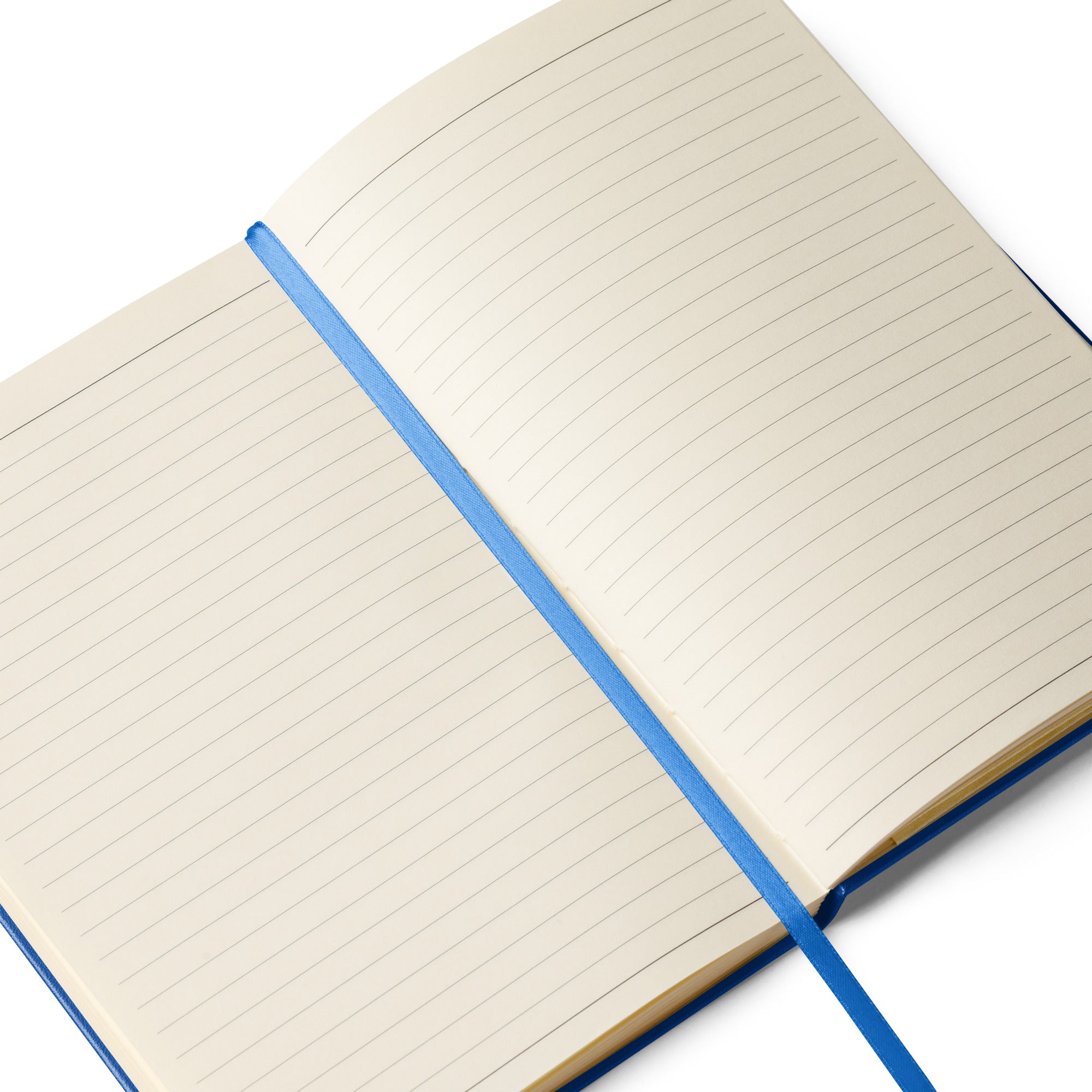 Open notebook showcasing cream-colored, lined pages with a blue ribbon marker.