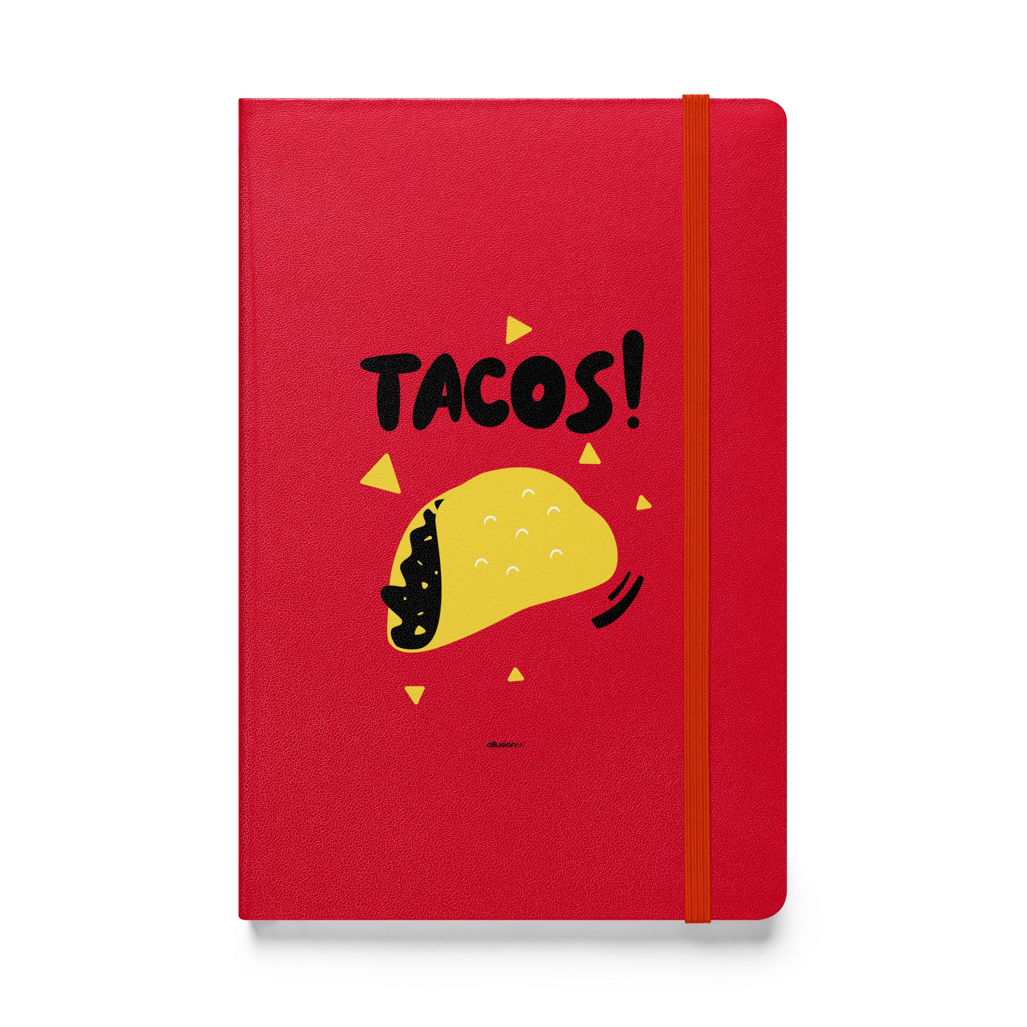 Red UltraHyde hardcover notebook with a centered "TACOS!" design, featuring a yellow taco illustration and bright orange elastic closure.