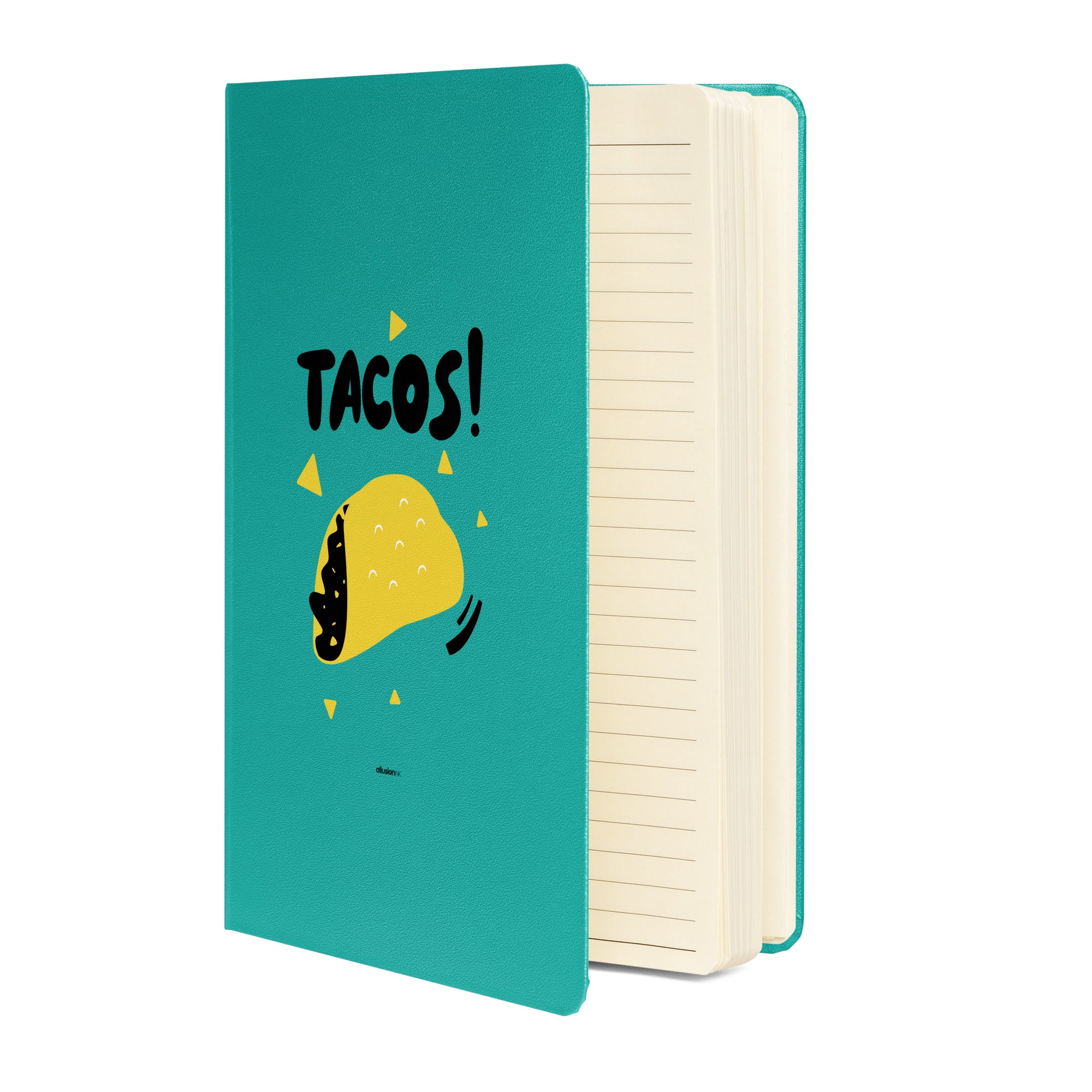 Turquoise hardcover UltraHyde notebook with bold "TACOS!" design and a yellow taco illustration.