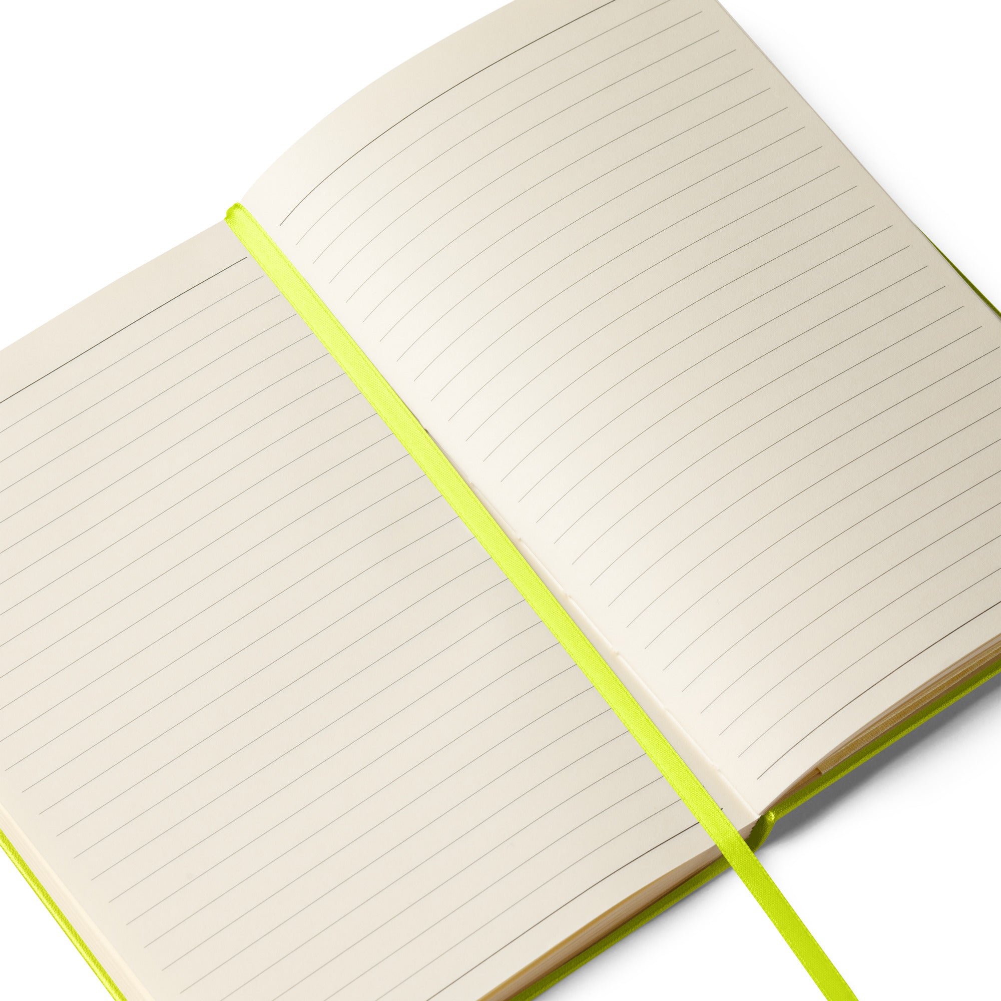 Open lime green notebook with lined pages and a bright matching bookmark.