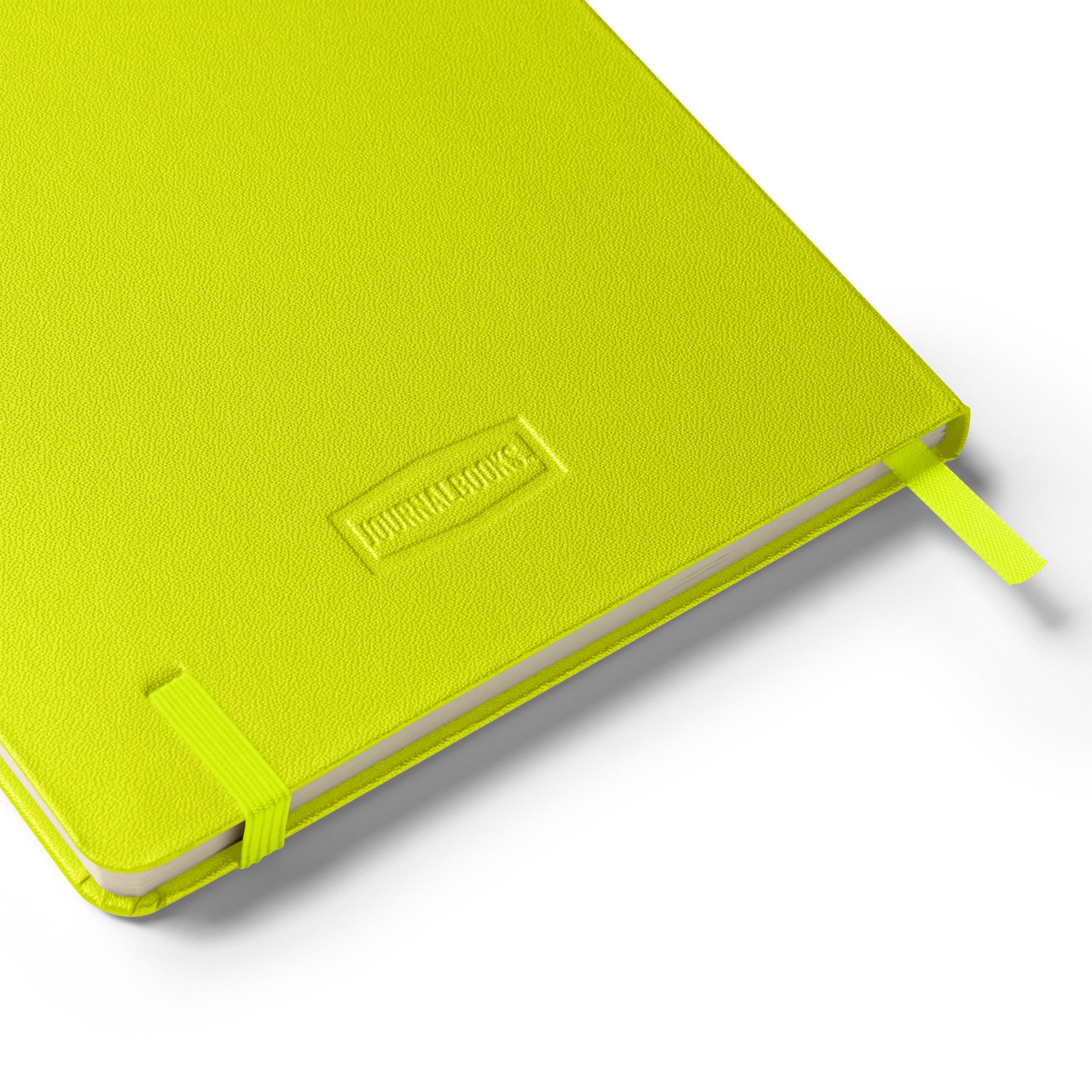 Back view of lime green hardcover notebook showing embossed brand logo.