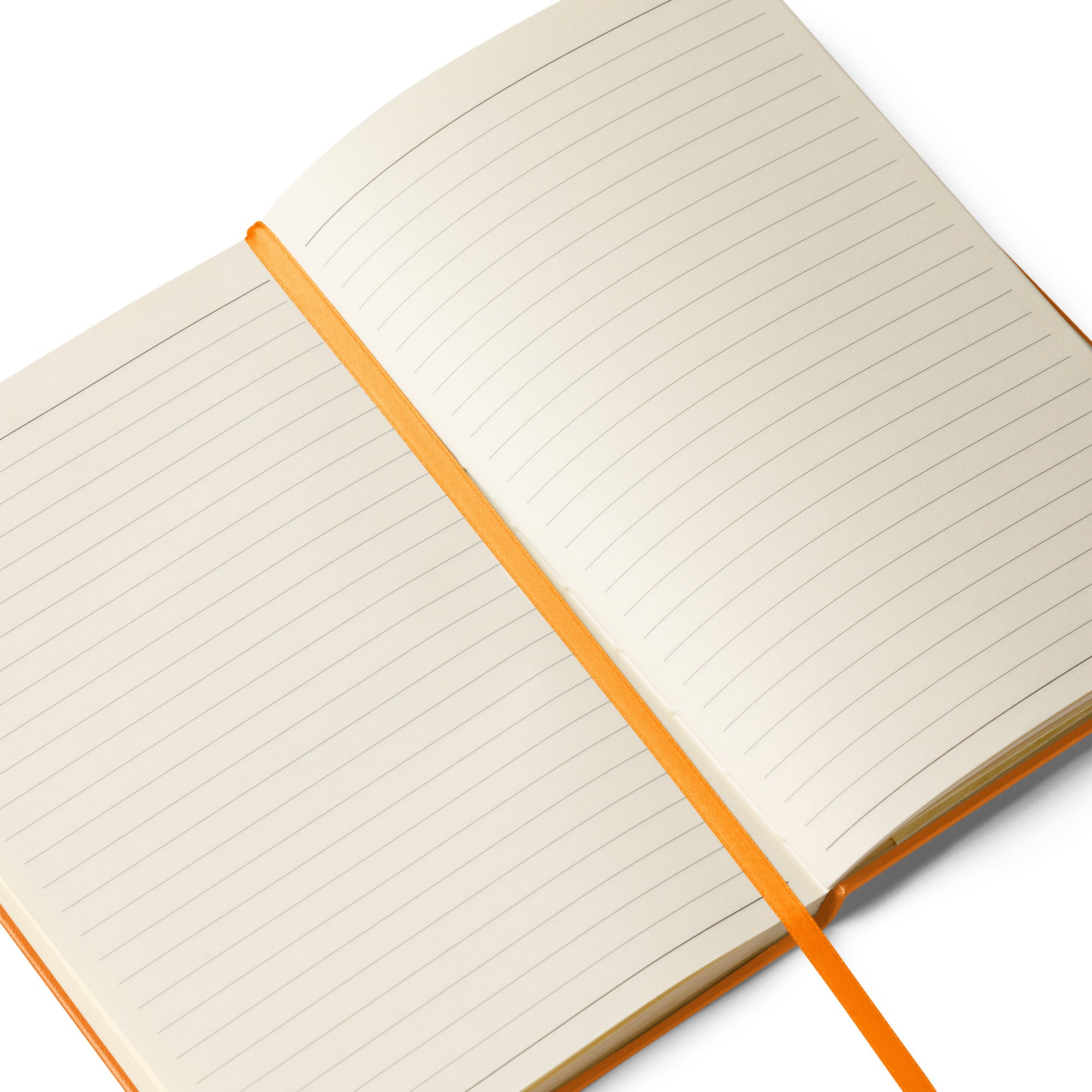 Open orange-bound notebook showcasing cream-colored lined pages with an orange ribbon bookmark.