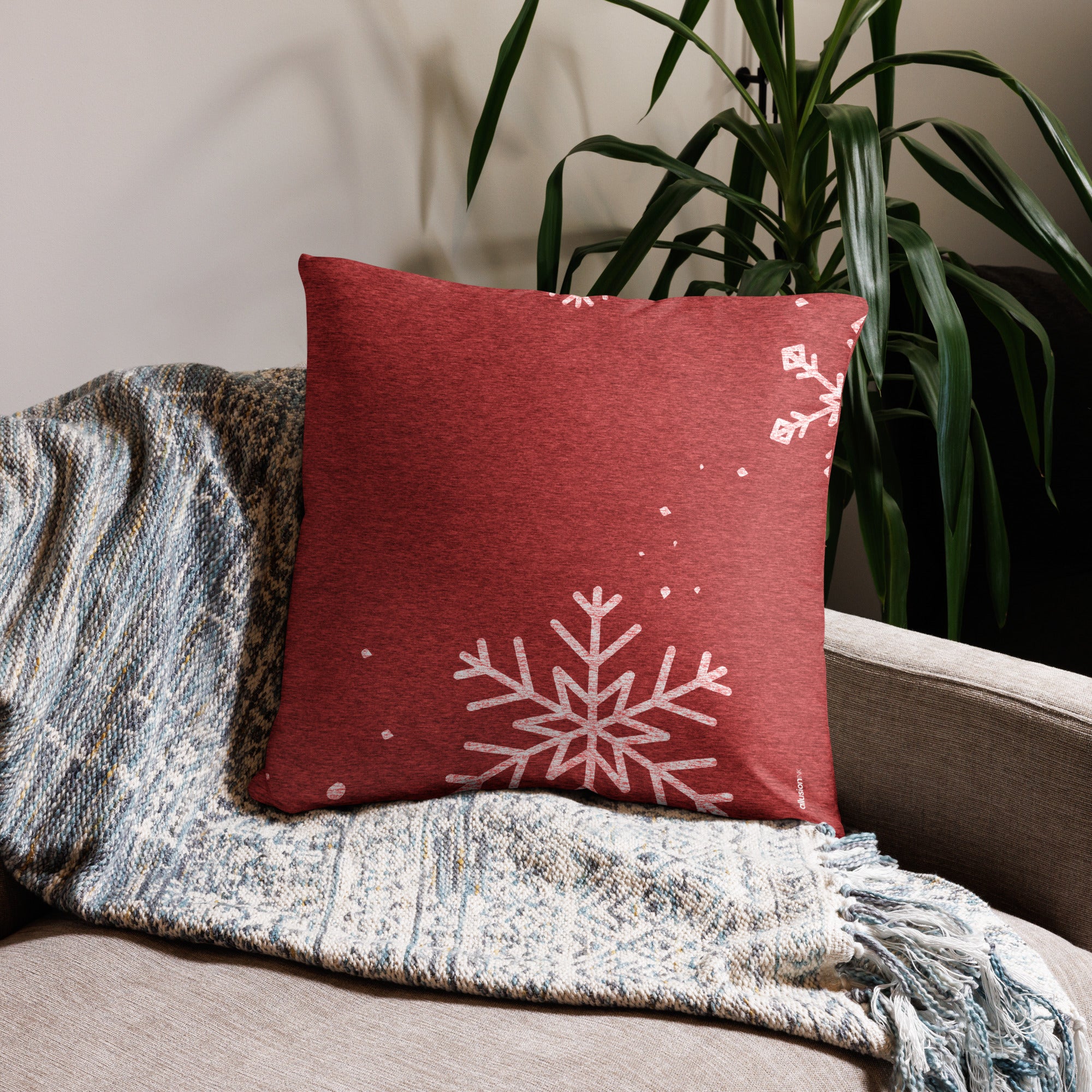 Back view of the Red Snowflake Holiday Throw Pillow in 22x22 size.