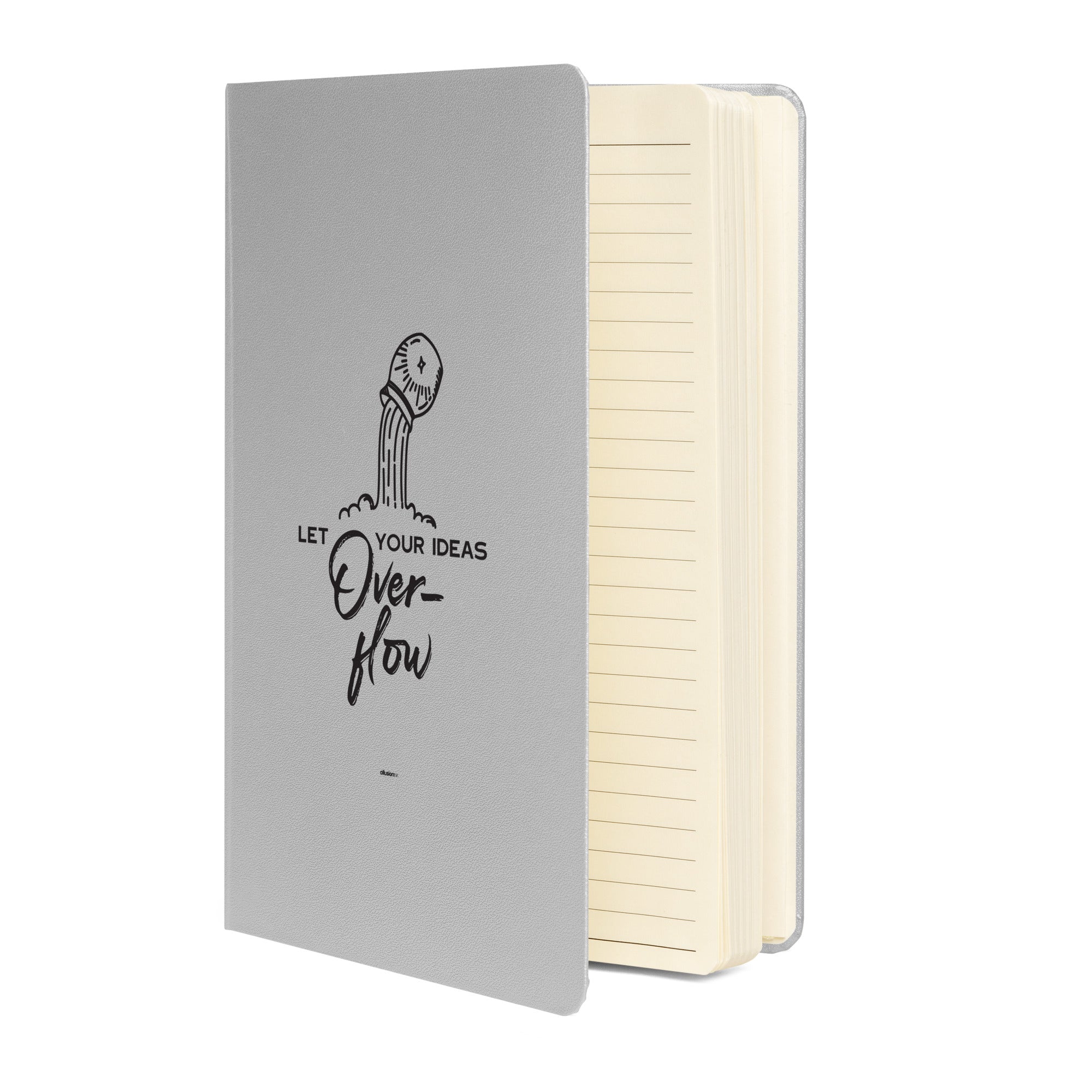 Front view of the silver journal with cream-colored lined pages partially open, featuring the "Let Your Ideas Overflow" cover design.