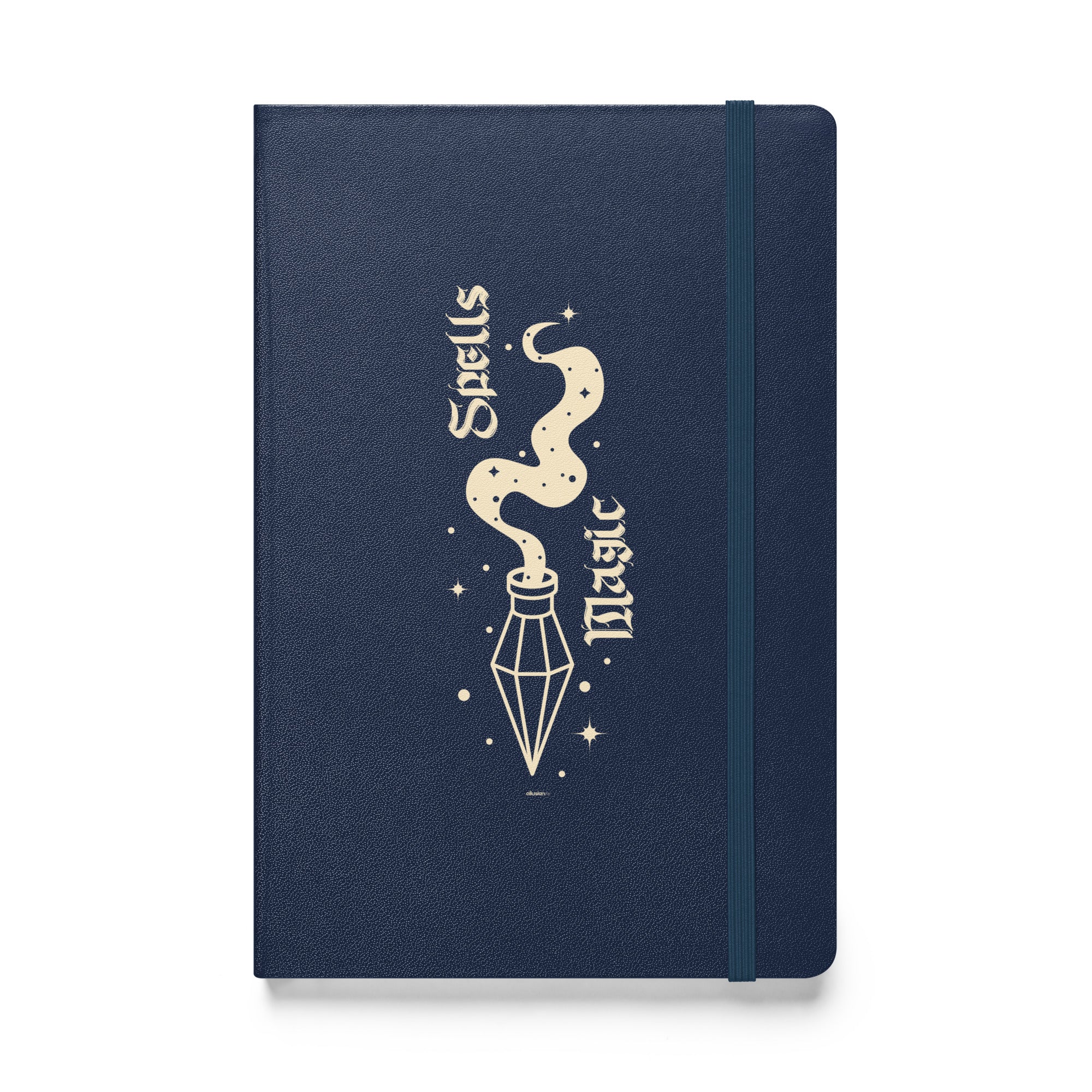 Navy hardcover journal with 'Spells & Magic' design and matching elastic closure.