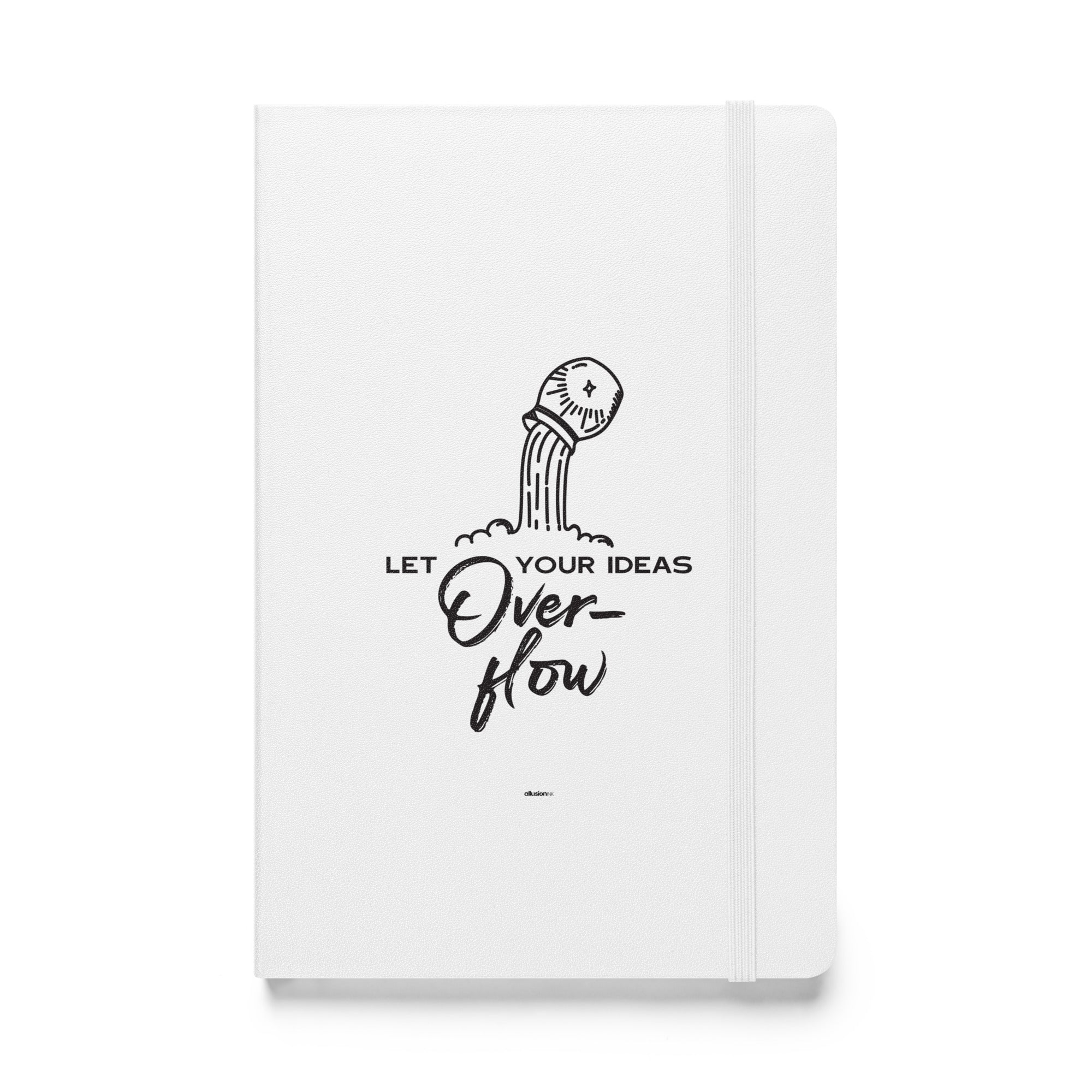 Front view of white hardcover notebook featuring 'Let Your Ideas Overflow' design in black.